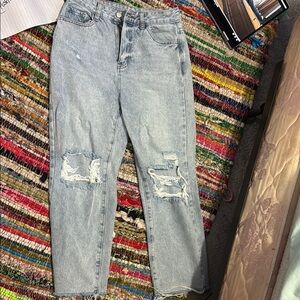 SHEIN Light Blue Distressed Straight Leg Jeans